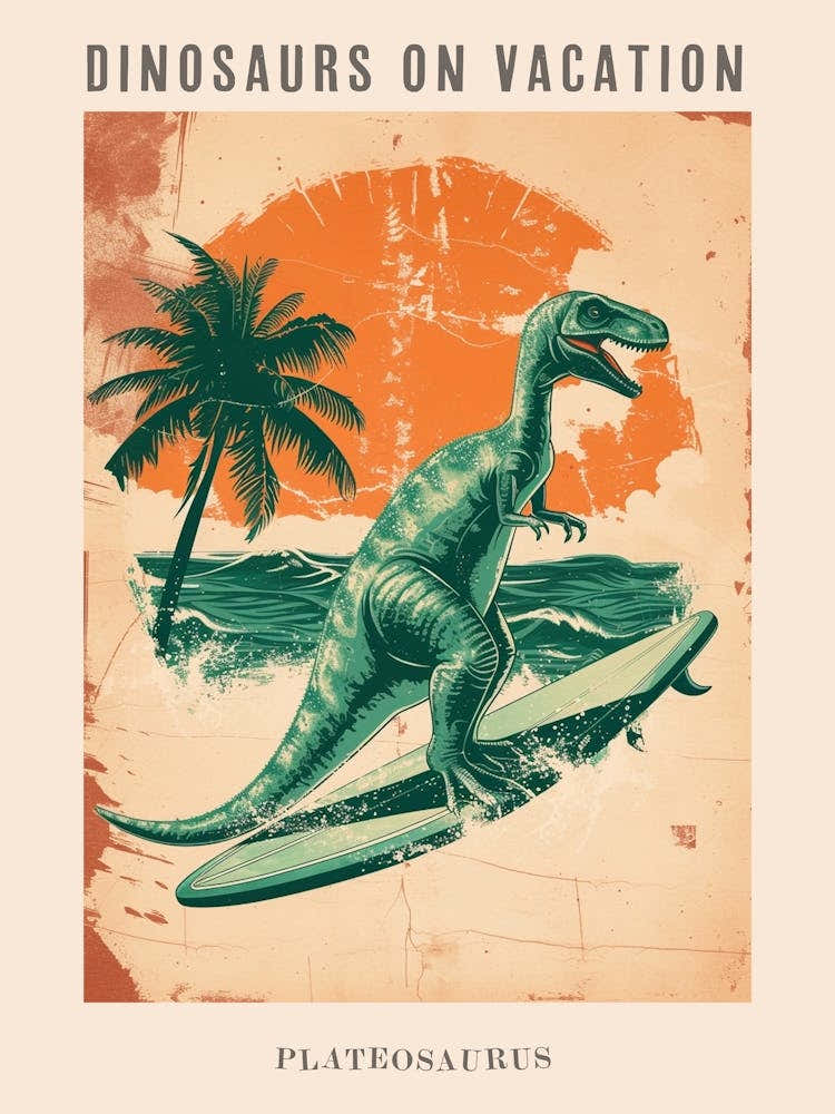 Vintage Plateosaurus Dinosaur On A Surf Board 2 Poster
