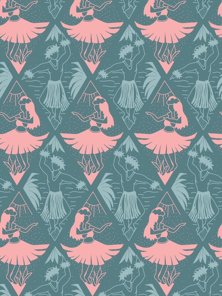 Hawaiian Hula Polynesian Dancers Rhombus Damask Pink Blue White