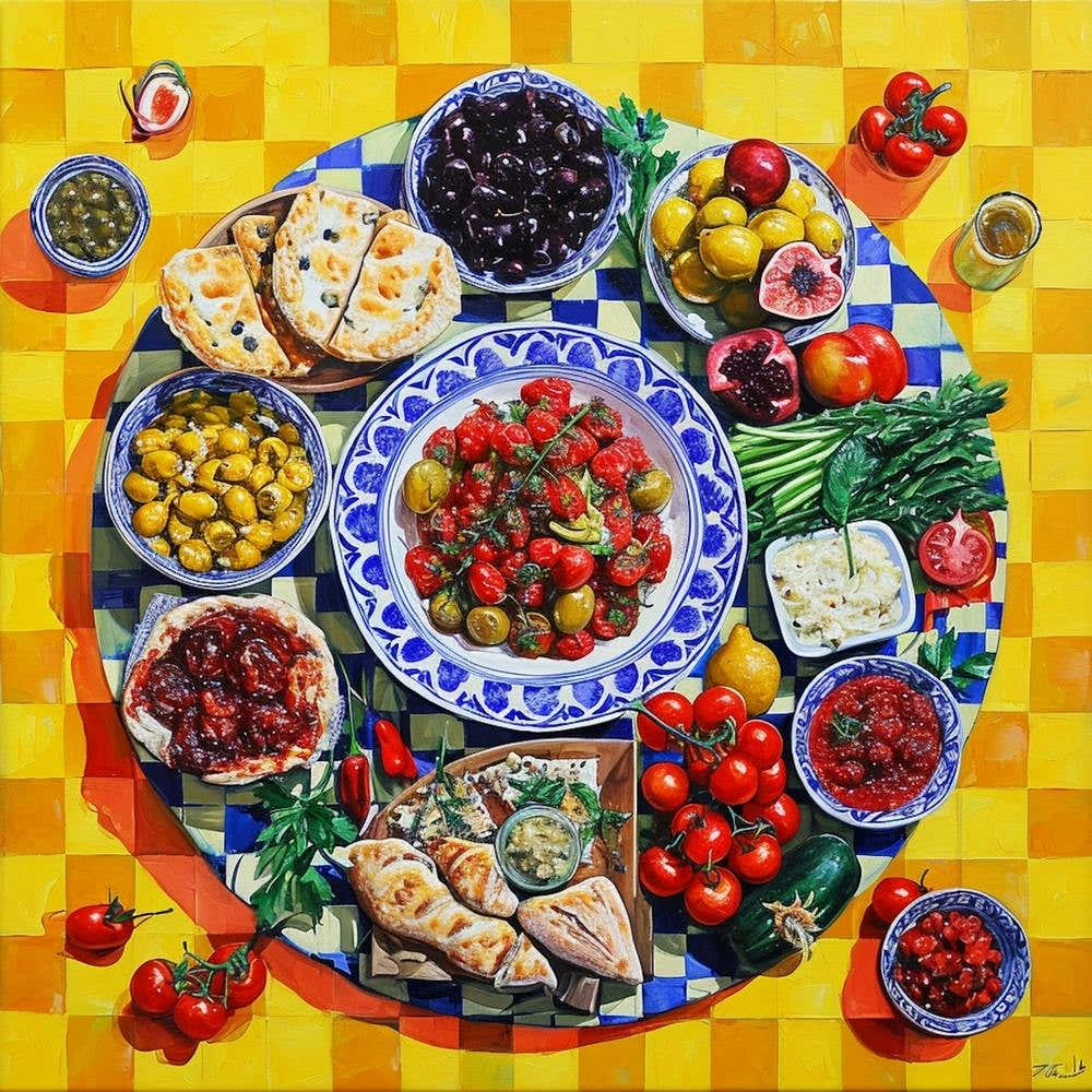 Mediterranean Mezze Selection Yellow Checkerboard 2