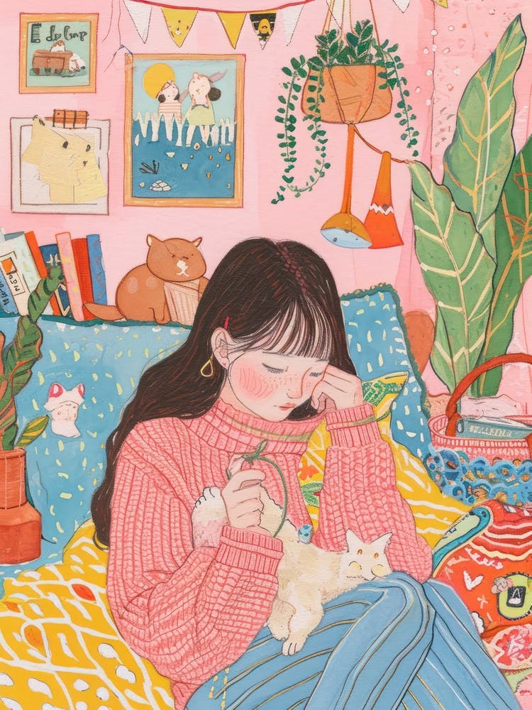 Girl Knitting Lo Fi Kawaii Illustration 2