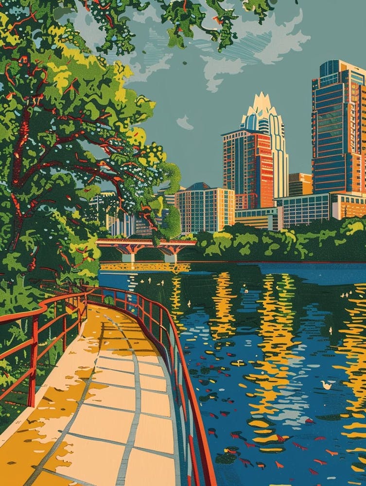 Lady Bird Lake And The Boardwalk Austin Texas Colourful Blockprint 4