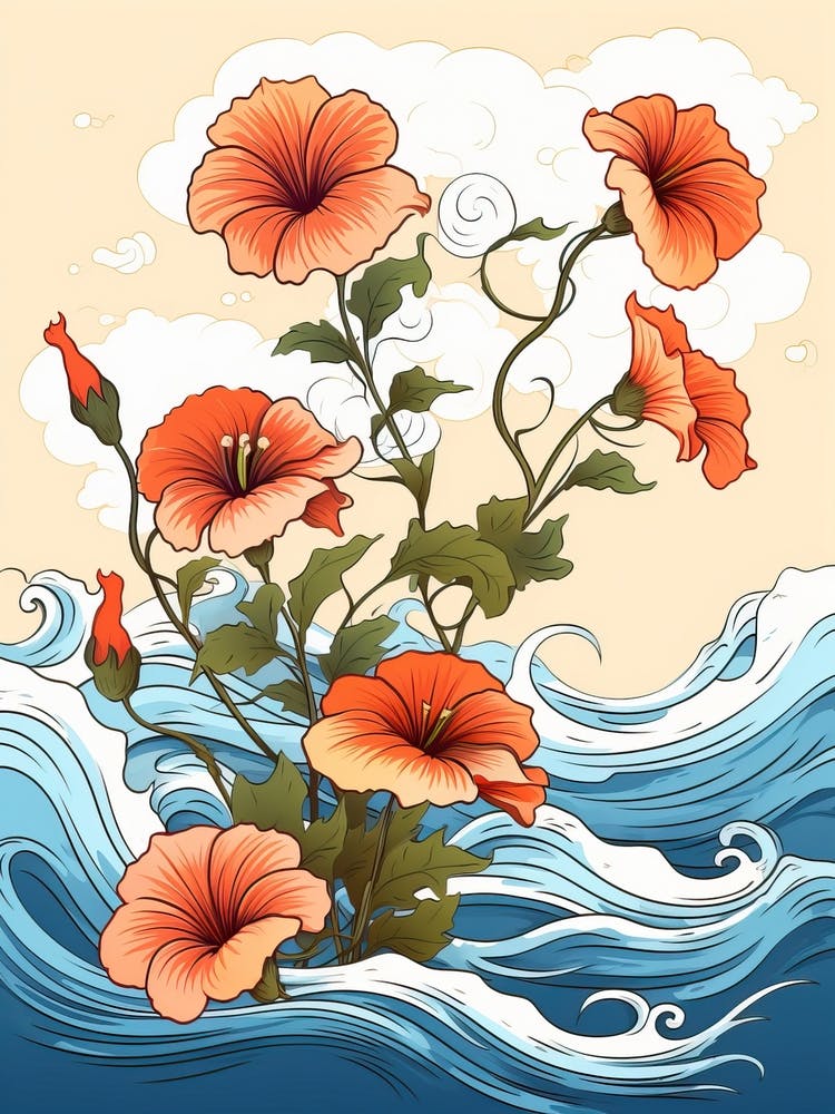 Great Wave With Morning Glory Flower Drawing In The Style Of Ukiyo E 4