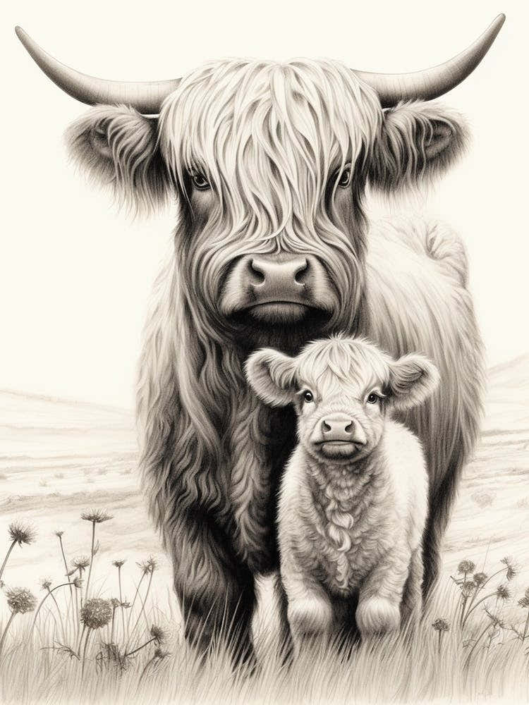 Black & White Illustration Of Highland Cow With Calf 2
