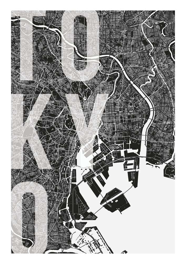 Tokyo Mono Street Map Text Overlay