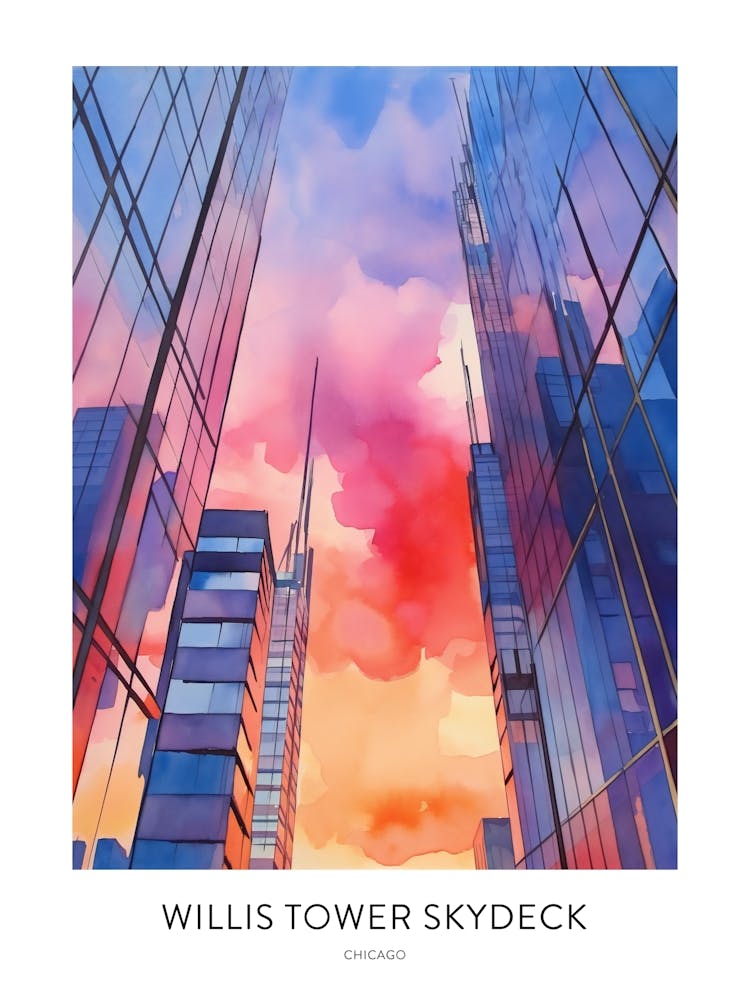 Willis Tower Skydeck Chicago Watercolour Travel Poster