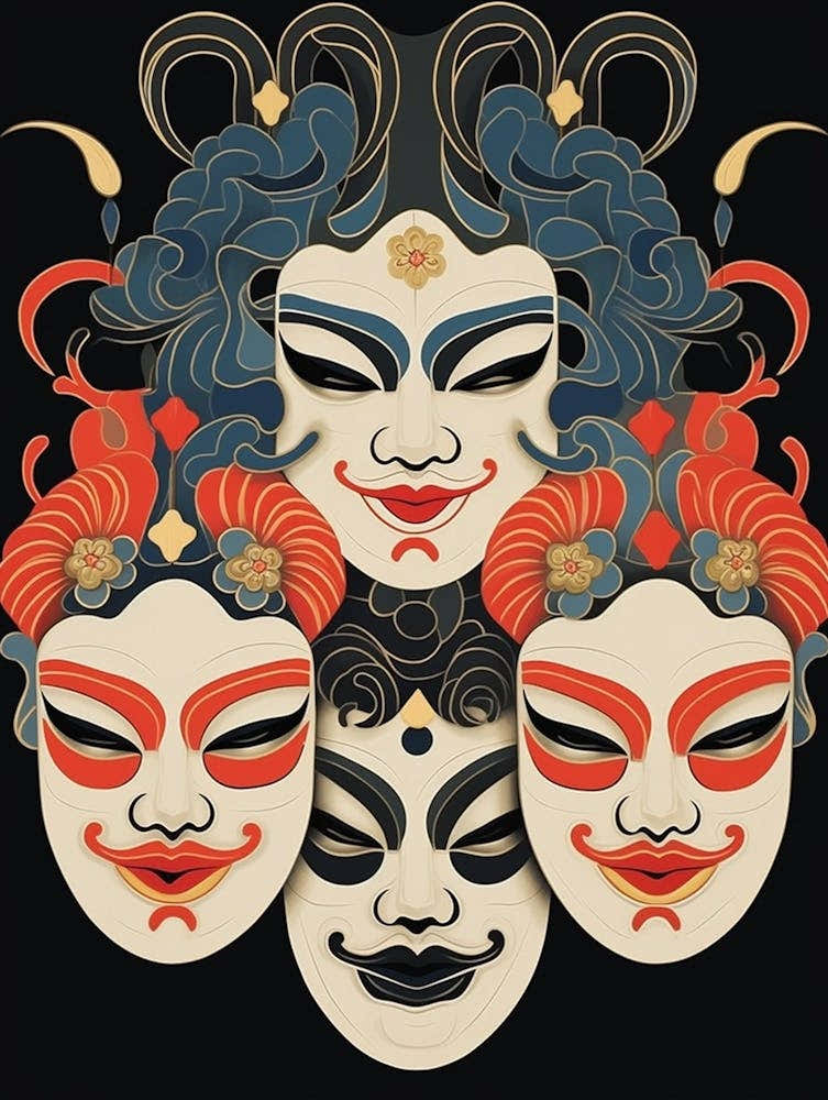 Noh Masks Japanese Style Illustration 19