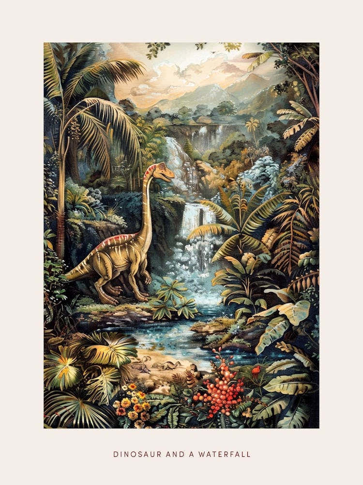 Dinosaur By A Waterfall Landscape Painting 3 Poster