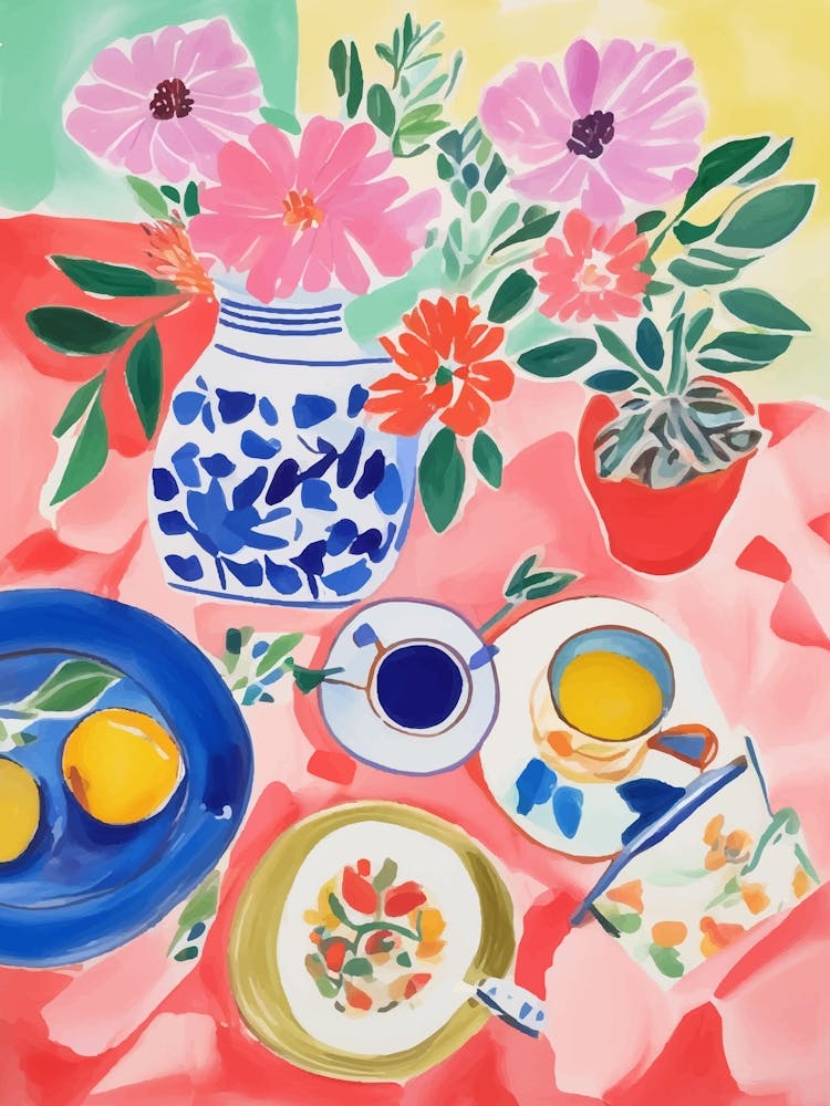 Pink table with breakfast