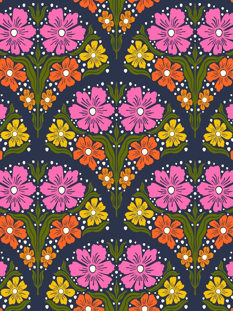 Blooming Florals Scallop Damask - Pink Orange Yellow Green on Navy Blue