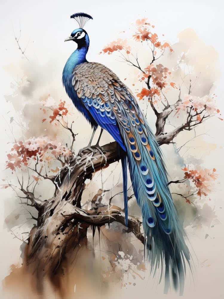 Peacock, Japanese Brush Painting, Ukiyo E, Minimal 4