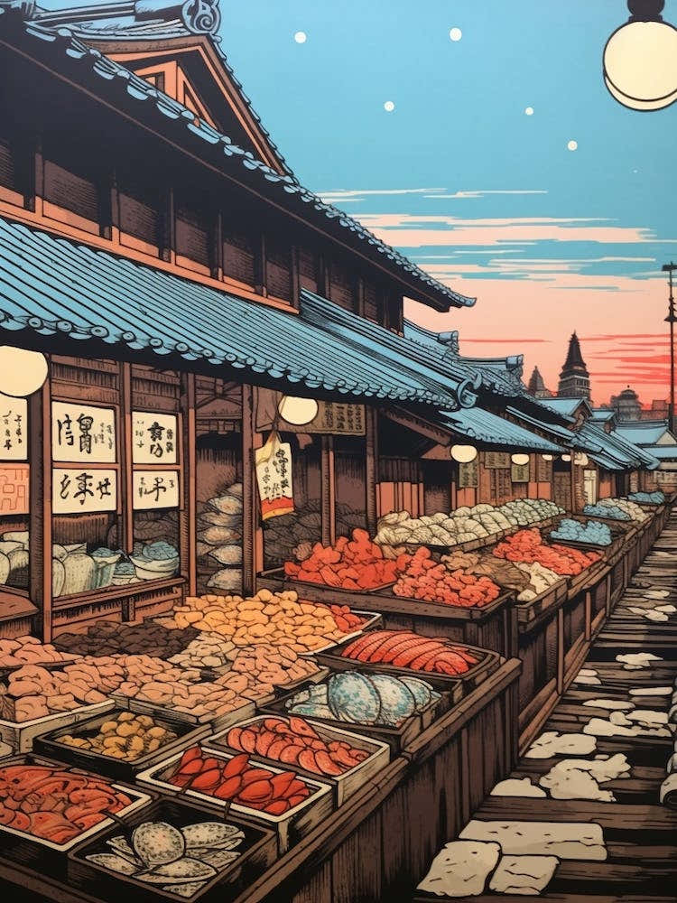 Tsukiji Fish Market, Japan Vintage Travel Art 1