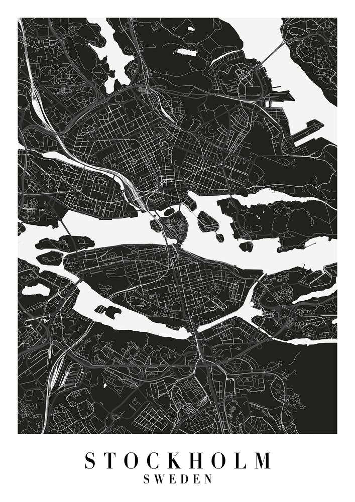 Stockholm Sweden Minimal Black Mono Street Map