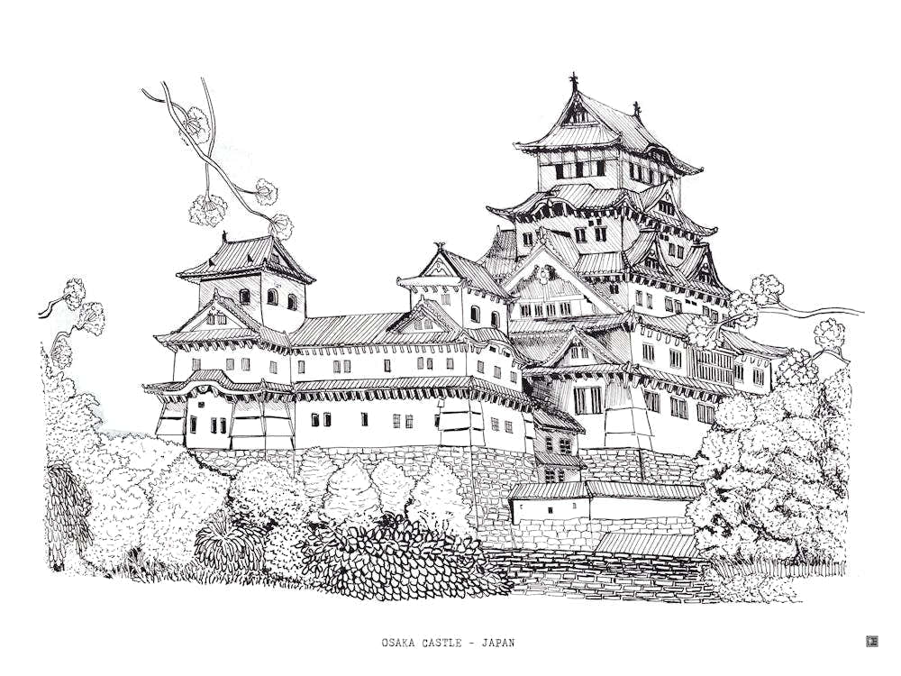 Osaka Castle Japan - Black Fine Line Architecture Drawing - Japanese Wall Art & Osaka Travel Print