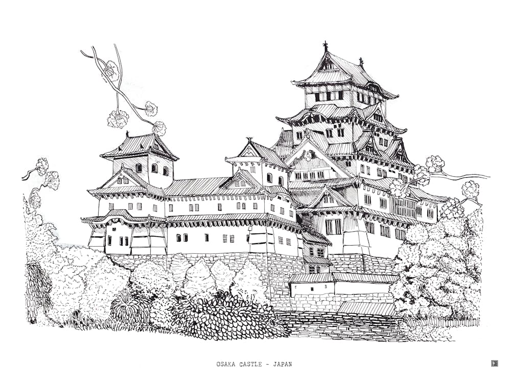Osaka Castle Japan - Black Fine Line Architecture Drawing - Japanese Wall Art & Osaka Travel Print