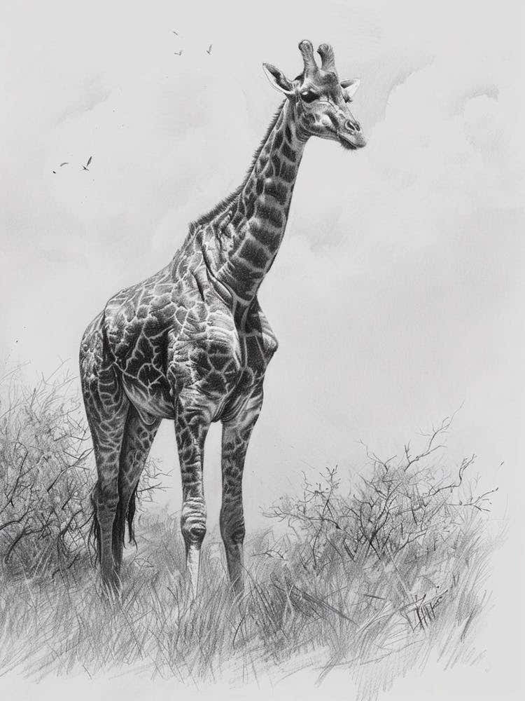 Giraffe In The Grass Pencil Drawing 1
