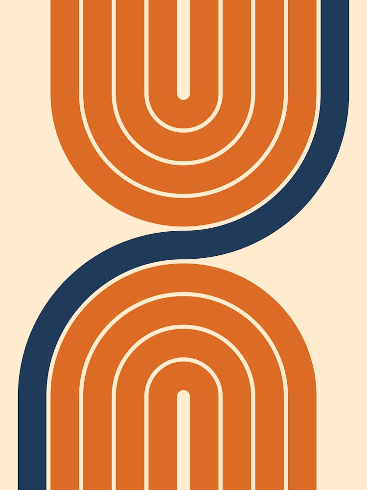 Midcentury Modern Retro Arch Classy Abstract Navy Blue And Burnt Orange 01a