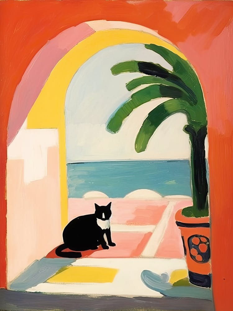 Matisse Style Painting Black Cat In Italy Red Door