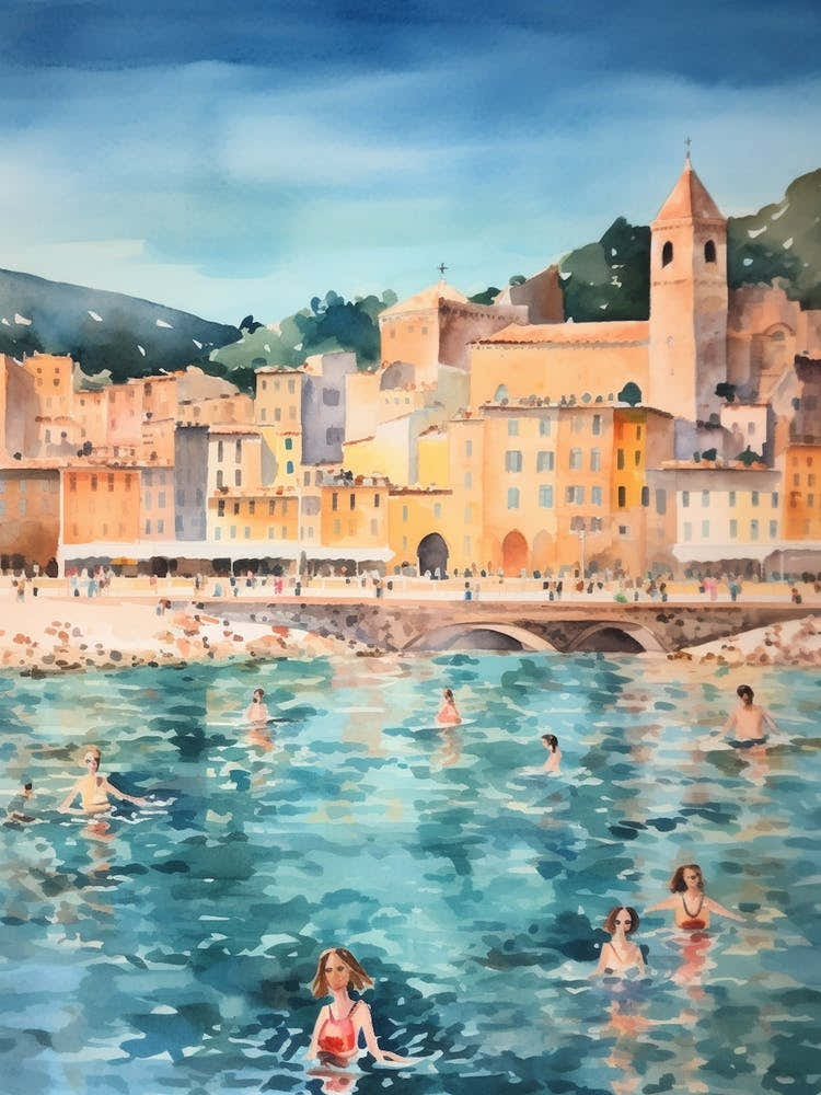 Swimming In Nice France Watercolour