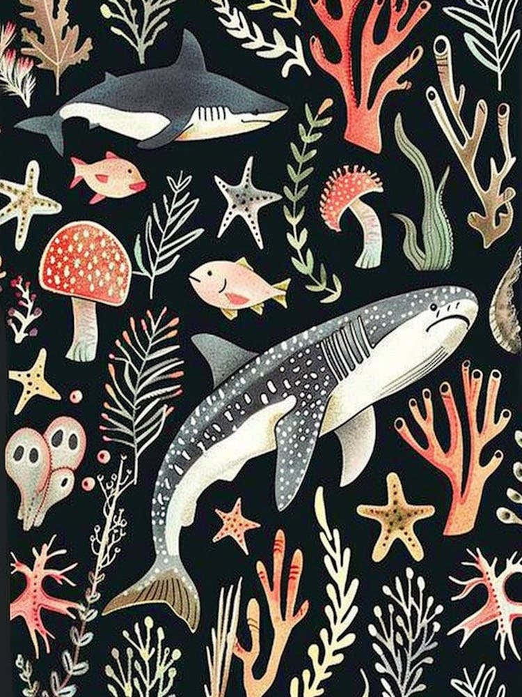 Shark Pattern Seascape Black Background Illustration 2