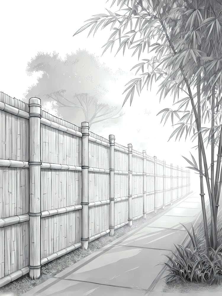 Minimalist Ink Sketch Of Bamboo Fence With Shado