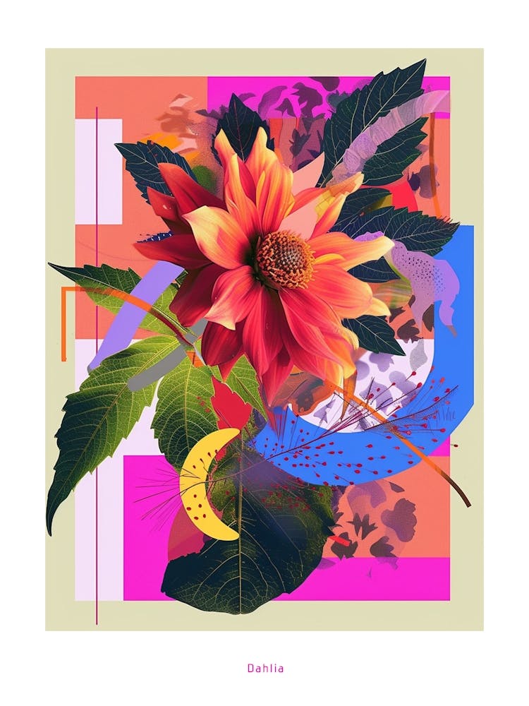Dahlia 4 Neon Flower Collage Poster