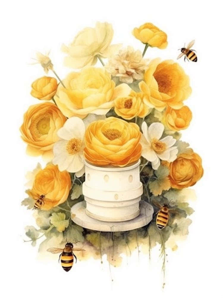 Beehive With Ranunculus Watercolour Illustration 4