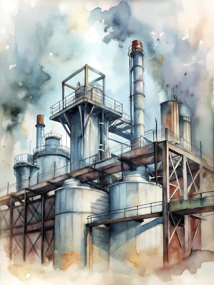 Industrial Factory Watercolor Painting