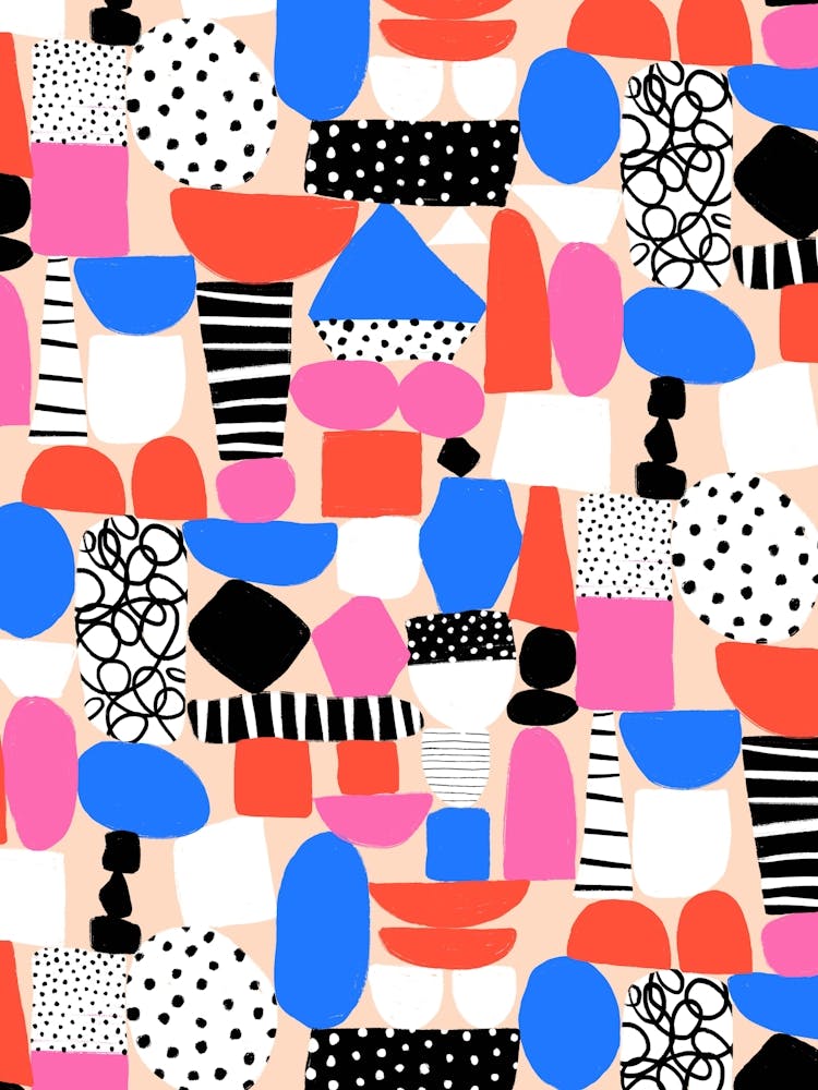 Pink, Red, Blue Paper Cut Out and Doodle Mod Art Collage