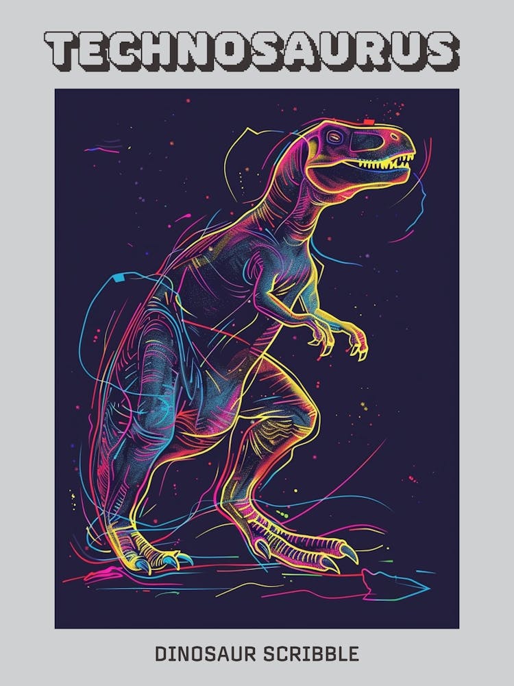 Neon Colourful Dinosaur Scribble Poster