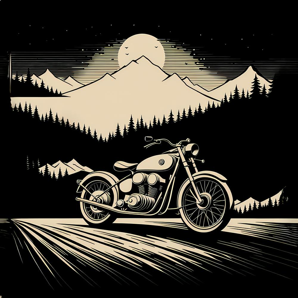 Motorcycle In The Mountains, black and white monochromatic art 2