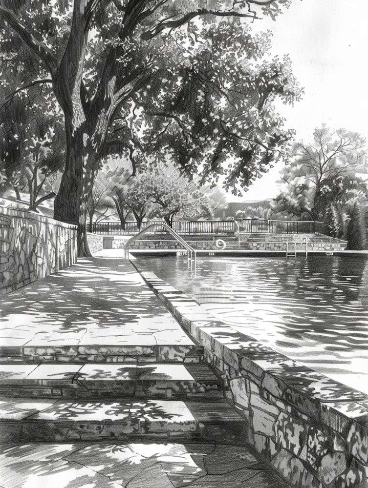 Barton Springs Pool Austin Texas Black And White Drawing 3