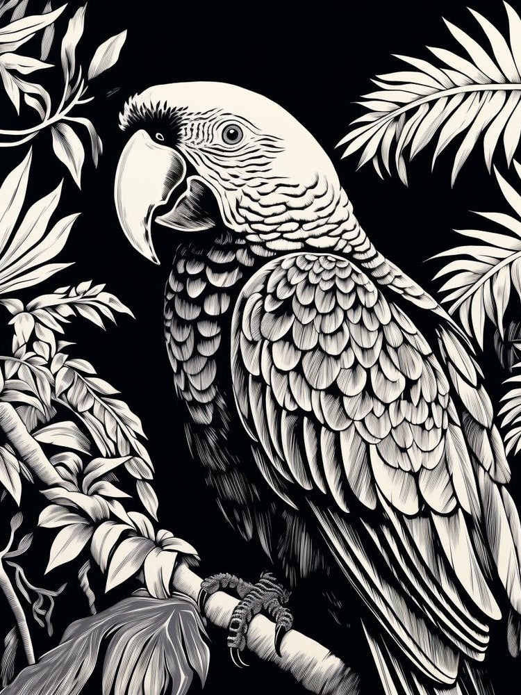 B&W Bird Linocut Macaw 3