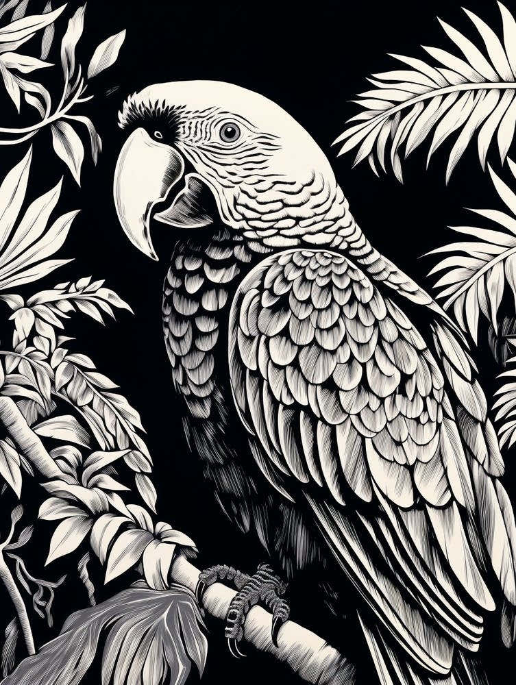 B&W Bird Linocut Macaw 3