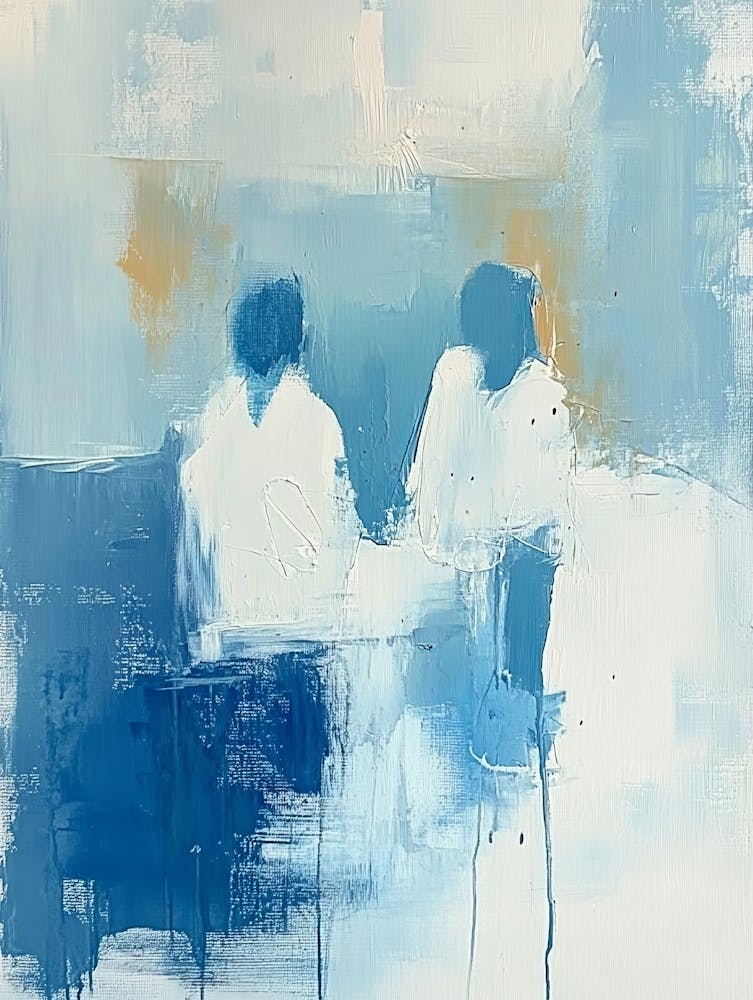 Two Figures In A White And Blue Color Scheme Are Depicted In An Abstract Oil Painting