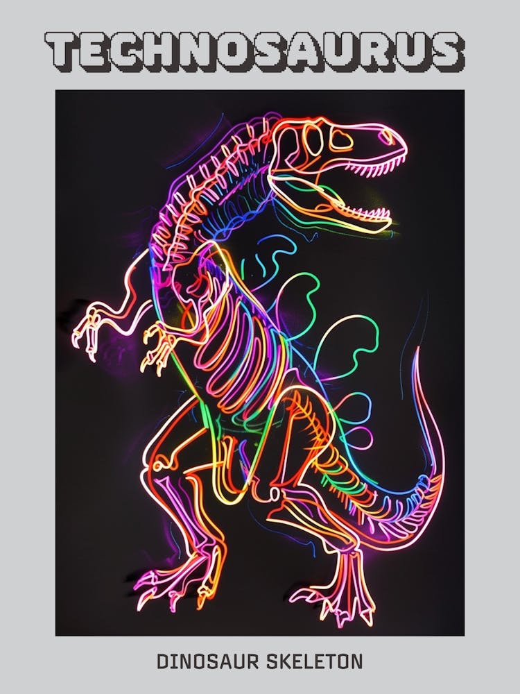 Neon Dinosaur Line Skeleton Poster