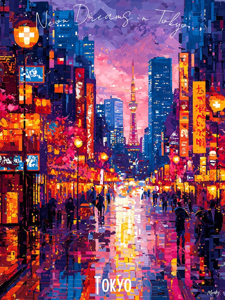 Tokyo City Skyline, abstract cubism vibrant Poster