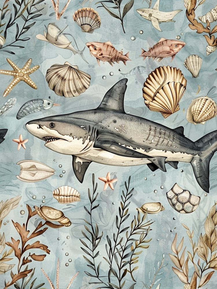 Pastel Blue Goblin Shark Watercolour Seascape Pattern 1