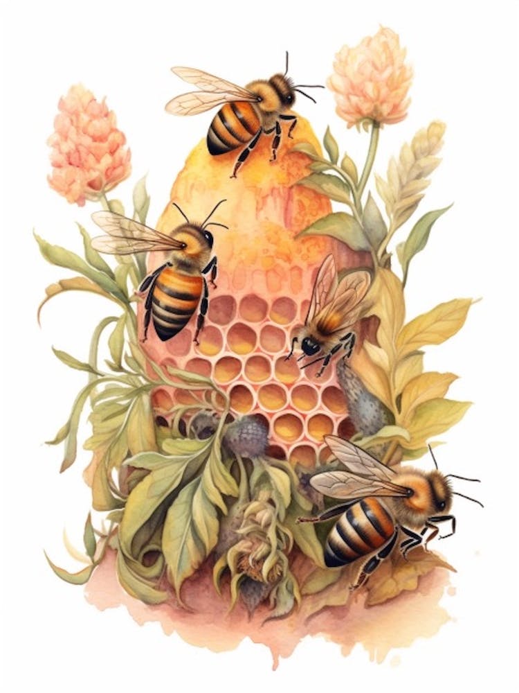 Western Honey Bee Beehive Watercolour Illustration 4