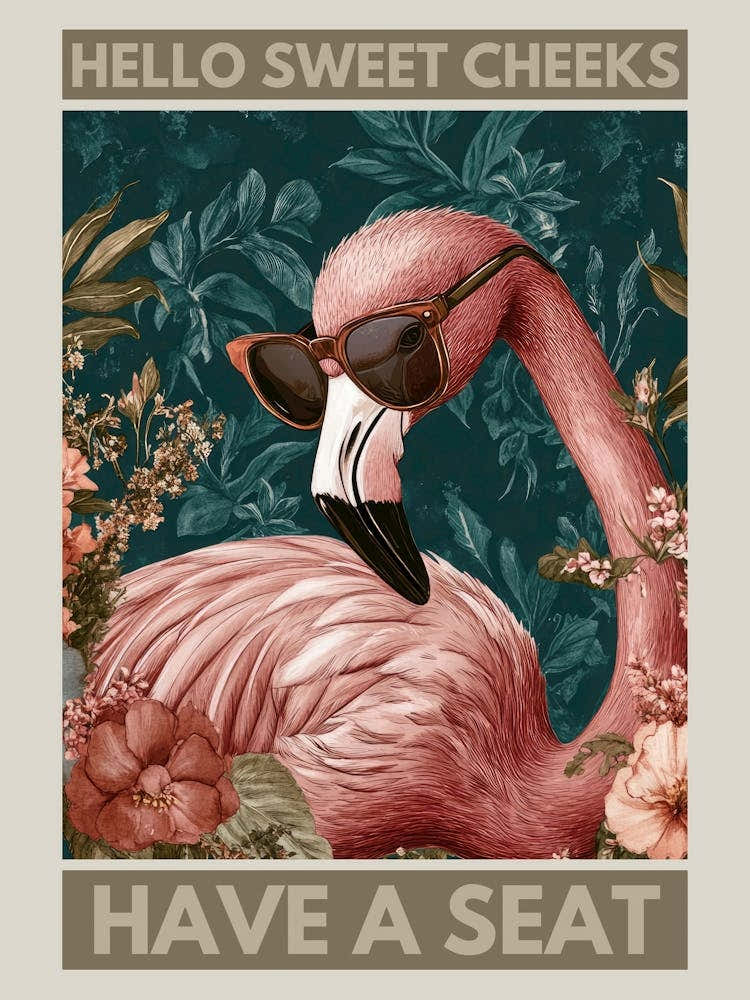 hello sweet cheeks have a seat Funny flamingo bathroom artwork in a playful kitsch aesthetic, colorful illustration in the style of 50s retro pop perfect for powder rooms, quirky spaces 1