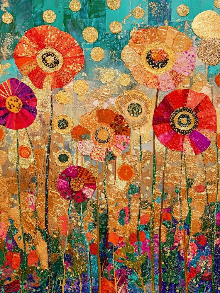 Gustav Klimt Inspired Floral Art, Gold Leaf Mixed Media Flowers, Red, Pink, Orange, Teal, Abstract Botanical Wall Art for Modern Living Room, Bedroom, Office Decor, Bohemian Luxe Colorful Wildflowers 1