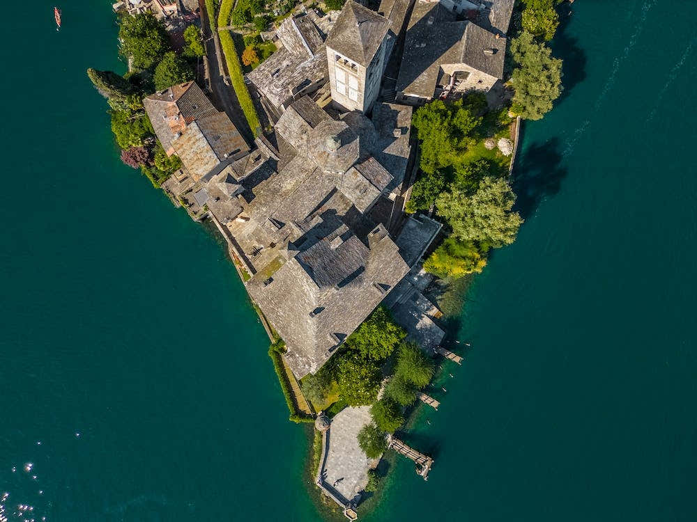 Beautiful island on Lake Orta in Italy. Aerial photography