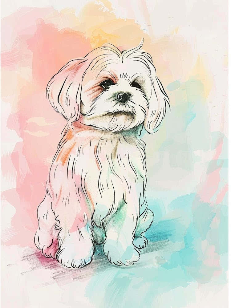 Havanese Dog Pastel Line Watercolour Illustration  2