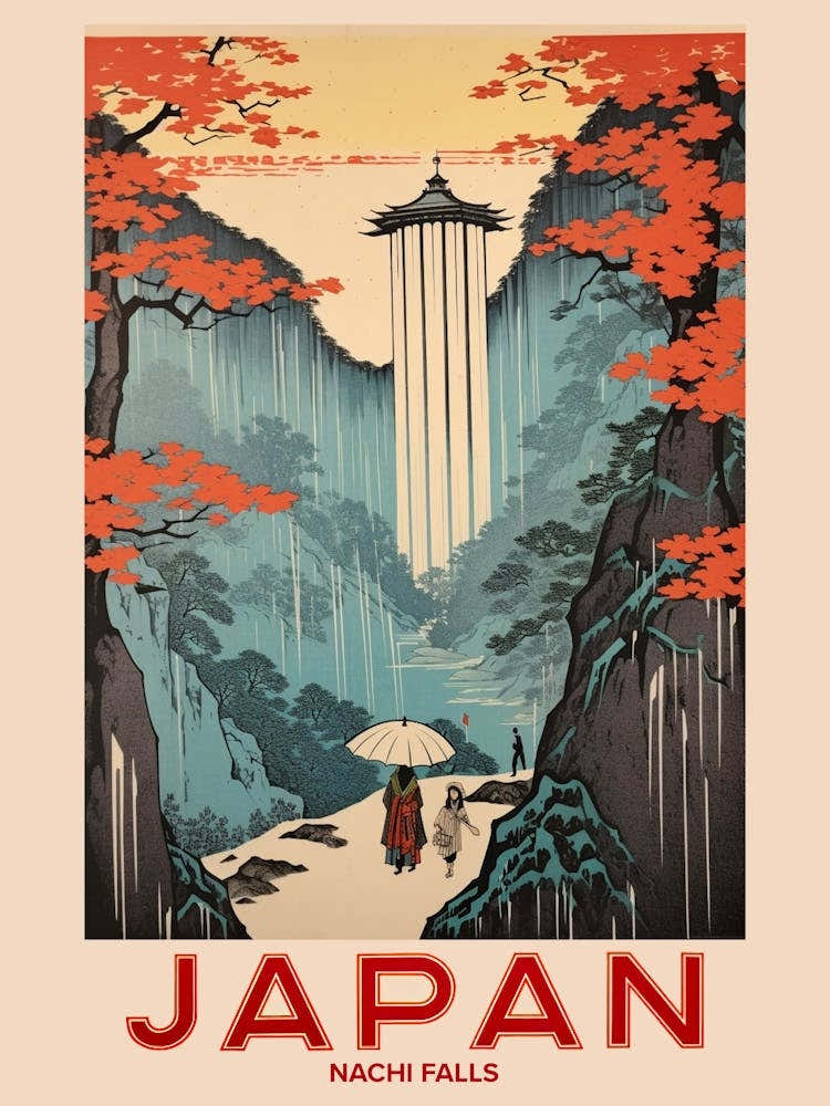 Nachi Falls, Visit Japan Vintage Travel Art 4