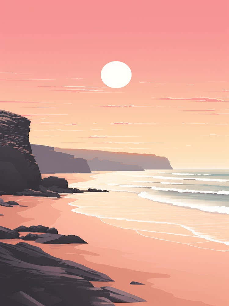 Illustration Of Gwithian Beach Cornwall In Pink Tones 1