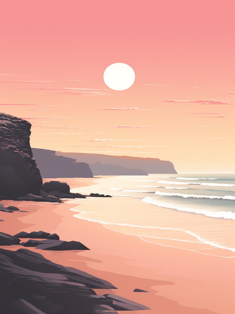 Illustration Of Gwithian Beach Cornwall In Pink Tones 1