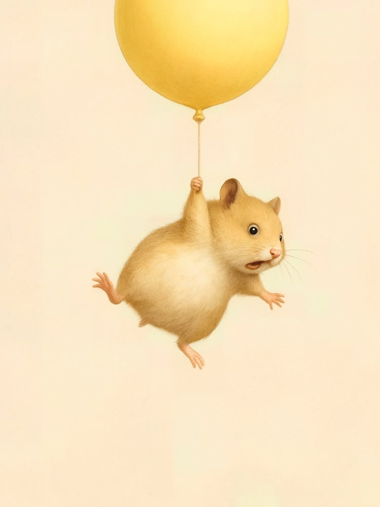 Flying Hamster – Balloon Ride with Pet Humor: This baby hamster drifts happily through the air with a yellow balloon. A light and funny nursery print full of rodent charm and pastel playfulness – ideal for animal lovers and small pet fans.