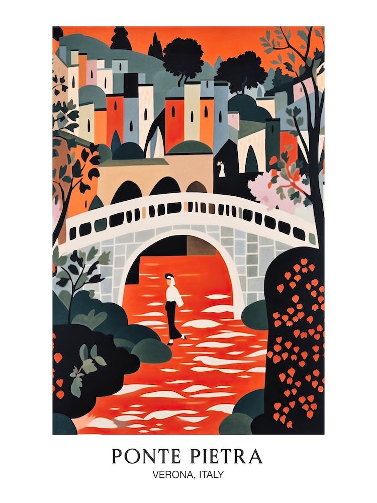 Ponte Pietra, Verona, Italy Colourful 4 Travel Poster