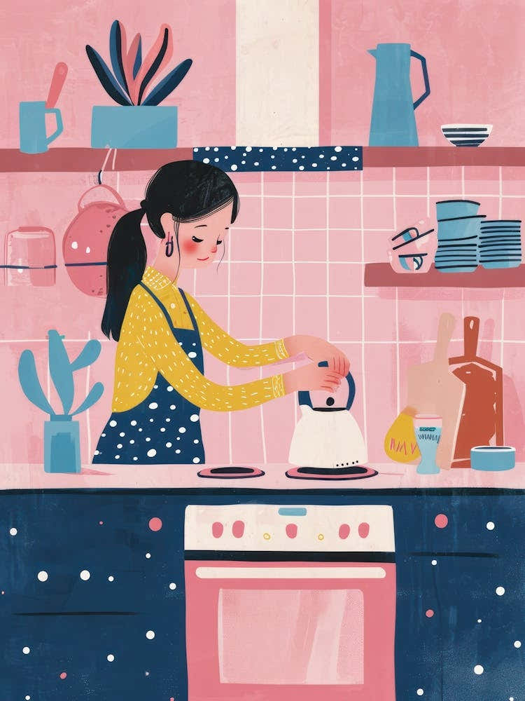 Girl Putting The Kettle On Lo Fi Kawaii Illustration 1