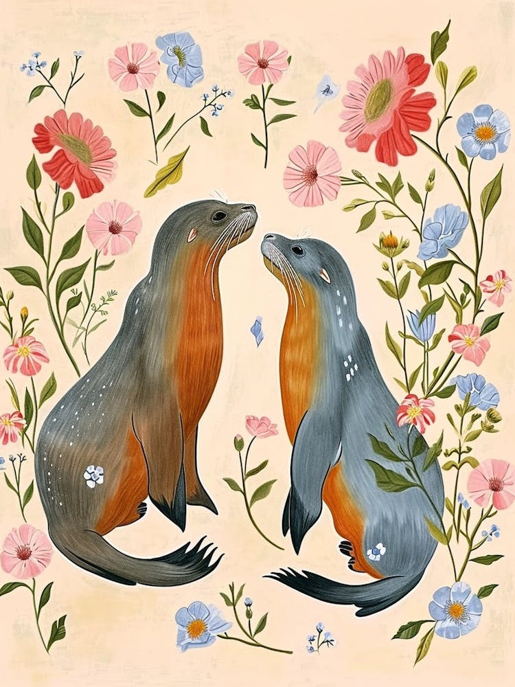 Folksy Floral Animal Drawing Elephant Seal