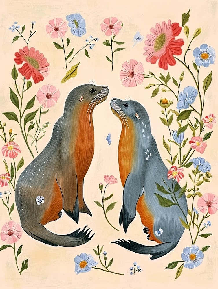 Folksy Floral Animal Drawing Elephant Seal